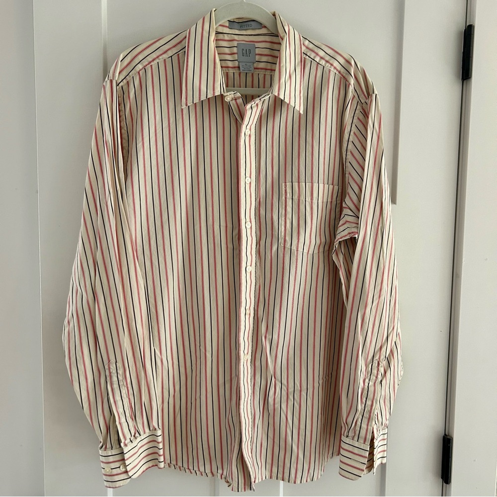 GAP button down fitted long‎ sleeve dress shirt red brown stripe XL 17 - 17 1/2